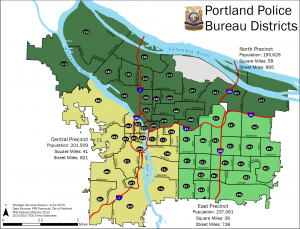 In 2009, Portland's five police patrol precincts were consolidated into three.