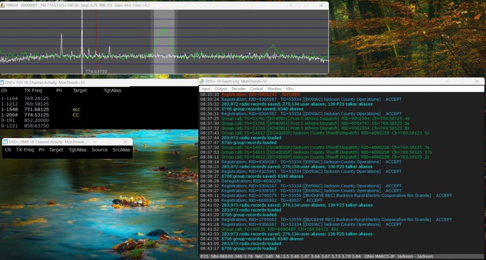 DSD+ 2.547 Screenshot, showing FMP24 spectrum analyzer, Channel activity for P25 and DMR, and 1R Event Logger. - Click to View Full Size